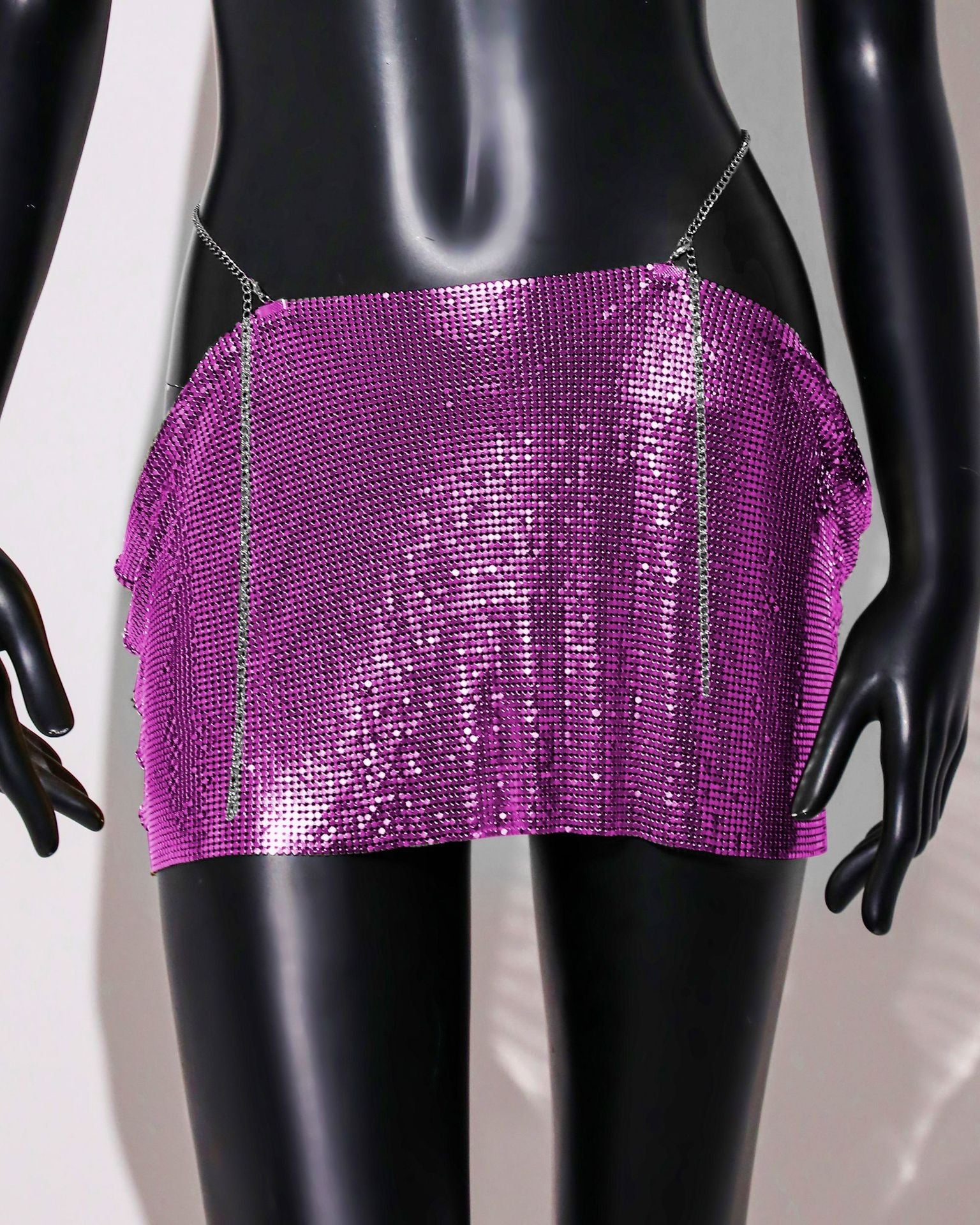 Image of Womens Sequin Skirt Mini Skirt Rave Dance Low Waist Metal Chains Waistband Skirt Club Party Skirts - Rose Red / free
